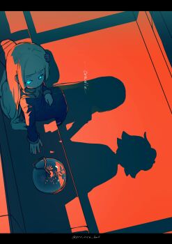 1girl absurdres artist_name black_dress blue_eyes blunt_bangs closed_mouth commentary different_shadow dress flower glowing glowing_eyes grey_hair hair_flower hair_ornament highres letterboxed long_hair long_sleeves looking_at_object orb original red_background shadow sitting solo srt_rice_ball symbol-only_commentary twitter_username
