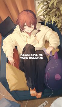 1girl absurdres black_pants brown_hair cellphone chair charger commentary_request cushion debi_tarou english_text hair_between_eyes highres holding holding_phone hood hoodie idolmaster idolmaster_shiny_colors indoors knees_up long_sleeves looking_at_viewer odecono3 on_chair orange_socks osaki_tenka pants phone plant sitting smartphone smile socks solo striped_clothes striped_socks tablet_pc wooden_floor yellow_eyes yellow_hoodie