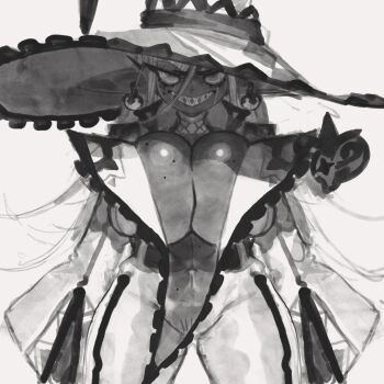 1girl abs braces breasts castspice_(keziedra) cleavage cowboy_shot dark-skinned_female dark_skin earrings eyelashes female_pubic_hair full-length_zipper greyscale grin half-closed_eyes hat heart highres huge_breasts jewelry jumpsuit keziedra lapel_pin lapels large_ears long_hair long_pointy_ears long_sleeves looking_at_viewer mole mole_on_breast mole_on_cheek mole_on_stomach monochrome multiple_moles navel neck_ring original pointy_ears pubic_hair ringed_eyes sharp_teeth smile solo sparse_pubic_hair sphere_earrings teeth unzipped wide_sleeves witch witch_hat zipper