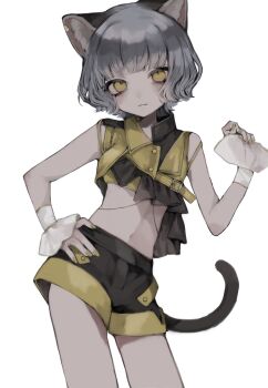 1girl :3 alternate_costume animal_ear_fluff animal_ears belt blunt_bangs blush buttons cat_ears cat_girl cat_tail closed_mouth contrapposto cowboy_shot fingernails grey_hair hand_on_own_hip hand_up head_tilt highres holding holding_unworn_clothes kamitsubaki_studio looking_at_viewer manuka_x_x medium_hair midriff navel nina_(valis) short_shorts shorts simple_background sinsekai_record smile solo tail valis_(sinsekai) white_background wrist_cuffs yellow_eyes yellow_nails