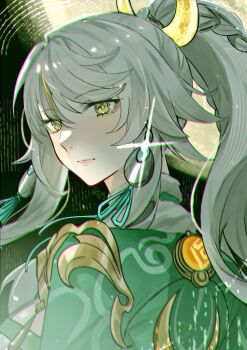 1girl chinese_clothes closed_mouth commentary crescent crescent_hair_ornament dress earrings from_side genshin_impact glint grey_hair hair_between_eyes hair_ornament high_ponytail jewelry long_sleeves looking_at_viewer moon multicolored_eyes multicolored_hair pink_lips ponytail sakuraso solo standing streaked_hair upper_body vision_(genshin_impact) yellow_eyes zibai_(genshin_impact)