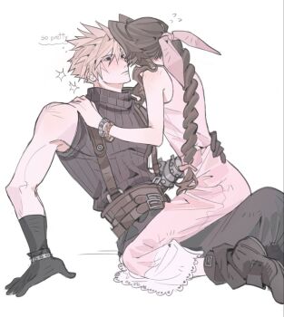 1boy 1girl aerith_gainsborough bangle bare_shoulders belt black_boots black_gloves black_pants black_shirt blonde_hair blush boots bracelet braid braided_ponytail brown_belt brown_hair cloud_strife couple dress english_text final_fantasy final_fantasy_vii final_fantasy_vii_rebirth final_fantasy_vii_remake flying_sweatdrops girl_on_top gloves hair_between_eyes hair_ribbon hands_on_another's_shoulders hetero jewelry long_dress long_hair looking_at_another mmmckayyy multiple_belts pants parted_bangs pink_dress pink_ribbon ribbon shirt short_hair shoulder_blush sidelocks single_bare_shoulder single_braid sleeveless sleeveless_dress sleeveless_turtleneck spiked_hair straddling suspenders turtleneck white_background
