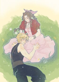 1boy 1girl aerith_gainsborough bangle belt black_pants black_shirt blonde_hair bracelet braid braided_ponytail breasts brown_belt brown_hair choker cleavage clily027 closed_eyes cloud_strife cropped_jacket crying dress final_fantasy final_fantasy_vii final_fantasy_vii_rebirth final_fantasy_vii_remake grass hair_ribbon hand_on_another&#039;s_head hetero jacket jewelry lap_pillow long_dress long_hair medium_breasts pants parted_bangs pink_dress pink_ribbon puffy_short_sleeves puffy_sleeves red_jacket ribbon shirt short_hair short_sleeves sidelocks single_bare_shoulder single_braid sitting sleeveless sleeveless_turtleneck spiked_hair suspenders tears turtleneck