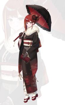 1girl absurdres akane_lize black_gloves black_kimono blonde_hair closed_mouth commentary flower full_body gloves grey_eyes hair_flower hair_ornament hand_up hashtag-only_commentary highres holding holding_umbrella holding_wallet japanese_clothes kimono lace lace_gloves long_sleeves looking_at_viewer mole mole_under_eye mond_sl multicolored_hair obi okobo platform_sandals print_kimono red_hair red_sandals sandals sash simple_background smile socks solo standing stellive streaked_hair symbol-only_commentary tabi umbrella virtual_youtuber wallet white_background white_socks wide_sleeves zoom_layer