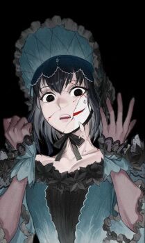 Rule 34 | 1girl, black background, black eyes, black gloves, black hair, bonnet, broken mask, brown gloves, clenched hand, commentary, dress, elbow gloves, empty eyes, evil smile, fate/grand order, fate (series), gjtthflmaster, gloves, gothic lolita, green bonnet, green dress, green wrist cuffs, hair between eyes, hands up, kuonji alice, kuonji alice (third ascension), lolita fashion, looking down, mask, open mouth, short hair, simple background, smile, teeth, three-quarter sleeves, upper body, upper teeth only, wrist cuffs