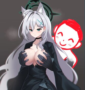 1boy 1girl absurdres animal_ears black_gloves blue_archive blue_eyes blurry breasts broken_halo choker cleavage collarbone commentary_request cross_hair_ornament depth_of_field doodle_sensei_(blue_archive) gloves grabbing_another's_breast grabbing_from_behind grey_background grey_hair groping hair_between_eyes hair_ornament halo highres kumarang large_breasts long_hair long_sleeves looking_at_another mismatched_pupils sensei_(blue_archive) shiroko_terror_(blue_archive) sidelocks simple_background sweatdrop wolf_ears wolf_girl