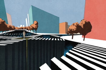 1boy blue_sky building city crosswalk day grey_jacket grey_pants highres iida_kento intersection jacket mature_male old old_man original outdoors pants scenery sky standing tree