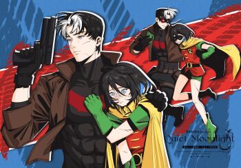 1boy 1girl bat_signal batman_(series) batman_symbol black_bodysuit black_gloves black_hair blue_eyes bodysuit brother_and_sister brown_jacket colored_inner_hair covered_abs dc_comics domino_mask eye_mask gloves grey_bodysuit highres jacket jason_todd large_pectorals mask multicolored_bodysuit multicolored_hair muscular muscular_male oc_x_canon open_clothes pants pectorals qianwen1292 red_hood_(dc) red_hood_and_the_outlaws robin_(dc) short_hair siblings streaked_hair superhero_costume taut_bodysuit two-tone_bodysuit