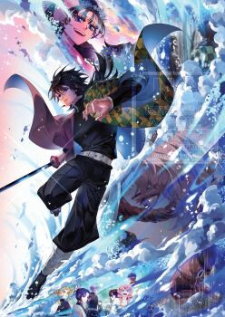 3girls 6+boys absurdres acid_white belt black_hair black_jacket black_pants black_socks blonde_hair blue_eyes buttons closed_mouth commentary demon_slayer_uniform empty_eyes from_behind full_body gold_buttons hair_between_eyes haori high_collar highres himejima_gyoumei holding holding_sword holding_weapon iguro_obanai jacket japanese_clothes kamado_nezuko kamado_tanjirou kanroji_mitsuri katana kikkoumon kimetsu_no_yaiba kochou_shinobu long_hair looking_at_viewer low_ponytail makomo_(kimetsu) multiple_boys multiple_girls open_mouth orange_hair oshino_shinobu pants pink_hair ponytail print_haori profile purple_eyes red_haori rengoku_kyoujurou sabito_(kimetsu) sandals shinazugawa_sanemi smile socks spiked_hair sword symbol-only_commentary tokitou_muichirou tomioka_giyuu uzui_tengen water watermark weapon white_belt