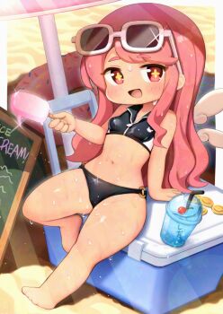 1girl adversarial_noise ashur_(trickcal) barefoot bikini black_bikini breasts cedar_(cedar_japonica) commentary_request eyewear_on_head food large_variant_set long_hair navel open_mouth paid_reward_available pink_hair popsicle sitting small_breasts smile solo sunglasses swimsuit trickcal variant_set