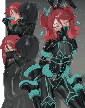 1boy 1girl animal_ears applying_gag arms_behind_back bdsm bodysuit bondage bound breasts cloth_gag collar dildo_gag drooling femdom gag gag_under_mask gagged heart heart-shaped_pupils highres improvised_gag latex latex_bodysuit long_hair looking_at_viewer mask mouth_mask multiple_girls multiple_views one_eye_closed original over_the_nose_gag rabbit_ears red_hair restrained saaal653 shiny_clothes sipher_(sipher) sitting skin_tight slave small_breasts symbol-shaped_pupils trap wariza