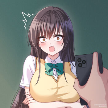 1girl ^^^ black_hair blush bow bowtie breasts brown_eyes cellphone chalkboard classroom collared_shirt commentary commission crossed_arms english_commentary green_bow green_bowtie highres holding holding_phone indoors kotegawa_yui large_breasts long_hair looking_at_phone looking_at_viewer maru.selinn open_mouth phone pov pov_hands sainan_high_school_uniform sanpaku school_uniform shirt short_sleeves smartphone solo_focus standing summer_uniform sweater_vest to_love-ru twitter_username v-shaped_eyebrows white_shirt yellow_sweater_vest