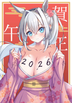 1girl 2026 animal_ears aonu_koru bare_shoulders blue_eyes blush body_writing breasts chinese_zodiac cleavage commentary_request floral_print floral_print_kimono flower grey_hair hair_flower hair_ornament hairband highres horse_ears horse_girl japanese_clothes kimono large_breasts long_hair looking_at_viewer original ponytail print_kimono smile solo upper_body wide_sleeves year_of_the_horse