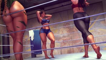 3girls abs adjusting_hair armpits arms_up ass bare_legs barefoot black_hair boxing_ring braid breasts cammy_white capcom capri_pants chun-li commentary crossover english_commentary gym head_out_of_frame highres krystopher_decker leaning_on_object legs_together leotard looking_at_another medium_breasts multiple_girls mural muscular muscular_female paid_reward_available pants punching_bag realistic ryu_(street_fighter) short_shorts shorts soles sports_bra spy_x_family standing street_fighter thick_thighs thighs thong_leotard towel twin_braids tying_hair yoga_pants yor_briar