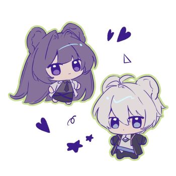 00quanta 1boy 1girl animal_ears bear_boy bear_ears bear_girl black_coat black_skirt blue_eyes blunt_bangs chibi chibi_only chinese_commentary closed_mouth coat collared_shirt commentary_request couple grey_shirt hair_between_eyes honkai_(series) honkai_impact_3rd kevin_kaslana long_hair long_sleeves looking_at_viewer mei_(honkai_impact) necktie open_clothes open_coat pants purple_eyes purple_hair shade shirt skirt white_coat white_hair