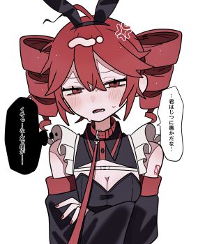 1girl ahoge anger_vein animal_ear_hairband animal_ears apron bare_shoulders black_hairband black_leotard black_sleeves blush breasts cleavage commentary_request detached_sleeves double-parted_bangs drill_hair fake_animal_ears hair_between_eyes hairband highres kasane_teto leotard long_sleeves looking_at_viewer nail_polish okayu_(okayuyuyu2) open_mouth playboy_bunny rabbit_ear_hairband rabbit_ears red_eyes red_hair red_nails short_hair simple_background solo speech_bubble strapless strapless_leotard sweat thought_bubble translation_request twin_drills upper_body utau white_apron white_background