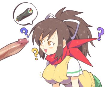 Rule 34 | 1boy, 1girl, ?, asuka (senran kagura), breasts, brown eyes, brown hair, confused, covered erect nipples, erection, food, furrowed brow, green skirt, hair ribbon, inkerton-kun, large breasts, leaning forward, long hair, looking at penis, makizushi, open mouth, out of frame, penis, ponytail, precum, red scarf, ribbon, scarf, school uniform, senran kagura, short sleeves, skirt, smile, spoken food, sushi, sweatdrop, sweater vest, teeth, upper body, upper teeth only, white background, white ribbon, yellow sweater vest