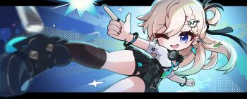 Rule 34 | 1girl, absurdres, black nails, black shoes, black skirt, blue background, blue eyes, braid, braided bangs, chibi, chibi only, commentary request, derivative work, dynamic pose, earrings, green necktie, hair ornament, headphones, headphones around neck, highres, jewelry, korean commentary, letterboxed, long hair, looking at viewer, lynae (wuthering waves), multicolored hair, nail polish, necktie, one eye closed, open mouth, shirt, shirt tucked in, shoes, skirt, skull hair ornament, smile, solo, star (symbol), star earrings, streaked hair, thighs, white shirt, wuthering waves, yami (yami56 u)