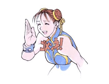 1990s_(style) apologizing bare_shoulders bengus capcom chun-li bad_tag official_art smile street_fighter street_fighter_ii_(series)