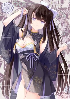 1girl bare_shoulders black_dress black_sash blue_nails bow breasts brown_hair china_dress chinese_clothes cleavage cleavage_cutout closed_mouth clothing_cutout commentary_request dress floral_print hair_bow hands_up hoshino_koucha long_hair looking_at_viewer medium_breasts original purple_eyes sash solo very_long_hair white_bow