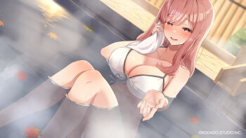 1girl bare_arms bikini blurry blurry_background blush breasts brown_eyes brown_hair cleavage collarbone dutch_angle highres holding holding_towel knees_together_feet_apart large_breasts leaf leaf_on_liquid long_hair looking_at_viewer maple_leaf onsen open_mouth original partially_submerged ringopan sidelocks sitting smile solo steam swimsuit towel wet white_bikini