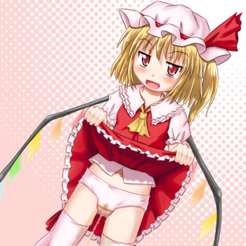 1girl ascot blonde_hair blush bow clothes_lift collarbone crotch_seam crystal dress dress_lift flandre_scarlet flat_chest hat hat_bow koizumi_hitsuji loli looking_at_viewer mob_cap open_mouth panties peeing peeing_self pink_background polka_dot polka_dot_background ponytail red_bow red_dress red_eyes shirt short_hair short_sleeves side_ponytail sleeveless sleeveless_dress smile standing thighhighs touhou two-tone_background underwear wet wet_clothes wet_panties white_background white_hat white_panties white_shirt white_thighhighs wings yellow_ascot