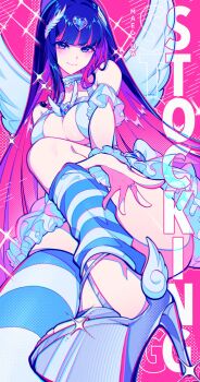 1girl breasts cleavage colored_inner_hair feathered_wings high_heels highres jewelry large_breasts long_hair maegjuw multicolored_hair panty_&amp;_stocking_with_garterbelt ring smile solo stocking_(psg) striped_clothes two-tone_hair white_wings wings