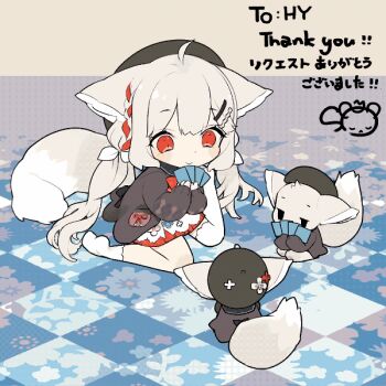 >_< 1girl :d ahoge animal animal_ear_fluff animal_ears animated animated_gif asymmetrical_legwear bag beret black_hat black_sailor_collar bow bowtie braid brown_jacket card chibi collar collarbone commission dress floral_print footwear_bow fox fox_ears fox_girl fox_tail full_body hair_between_eyes hair_ornament hairclip hands_up hat holding holding_card jacket large_ears large_tail long_hair long_sleeves low_twintails on_floor open_clothes open_jacket open_mouth original plaid_clothes plaid_sleeves playing_card puffy_long_sleeves puffy_sleeves red_bow red_eyes red_hair red_ribbon ribbon sailor_collar sakurada_shiro_(autumn)_(hy_plus) sakurada_shiro_(hy_plus) saya_(sayaya) short_dress shoulder_bag side_braid signature single_sock single_thighhigh sitting skeb_commission skirt sleeves_past_wrists smile socks solo tail tears thank_you thighhighs twintails uneven_legwear very_long_hair wariza white_collar white_dress white_hair white_socks white_thighhighs