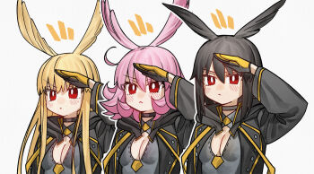 3girls :&lt; black_choker black_gloves black_hair black_jacket black_one-piece_swimsuit blonde_hair blush breasts buttons choker cleavage cleavage_cutout clothing_cutout double-breasted fate/grand_order fate_(series) gloves hair_wings head_wings highres hildr_(fate) hildr_(swimsuit_assassin)_(fate) hood hooded_jacket jacket kamisato_sora lineup long_hair looking_at_viewer medium_breasts multicolored_gloves multicolored_jacket multicolored_one-piece_swimsuit multiple_girls no_headwear one-piece_swimsuit open_clothes open_jacket ortlinde_(fate) ortlinde_(swimsuit_assassin)_(fate) pink_hair red_eyes salute short_hair sidelocks simple_background standing striped_blush swimsuit thrud_(fate) thrud_(swimsuit_assassin)_(fate) two-tone_gloves two-tone_jacket two-tone_one-piece_swimsuit upper_body valkyrie_(fate) white_background wings yellow_gloves yellow_jacket yellow_one-piece_swimsuit
