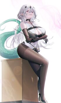 1girl absurdres belt black_belt black_bra black_choker black_collar black_gloves black_pantyhose blush bra breasts charo_(morphodrake) chest_harness choker cleavage collar covered_navel crossed_arms elbow_gloves full_body gloves grey_hair harness highres large_breasts leaning_back long_hair looking_at_viewer open_mouth original pantyhose parted_lips pointy_ears purple_eyes shirt sidelocks snake_girl snake_tail solo standing strapless tail underwear white_background white_shirt