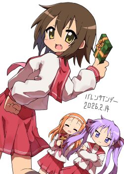 Rule 34 | 2026, 3girls, blue eyes, blush, brown hair, closed eyes, closed mouth, crossed arms, dated, dot nose, fang, feet out of frame, female focus, forehead, hair between eyes, headband, hiiragi kagami, holding, japanese text, kasu48694643, kusakabe misao, long sleeves, looking at viewer, lucky star, minegishi ayano, multiple girls, orange hair, purple hair, red sailor collar, red skirt, ryouou school uniform, sailor collar, school uniform, shirt, short hair, simple background, skirt, smile, standing, translation request, twintails, valentine, white background, white headband, white shirt, yellow eyes