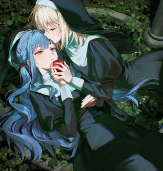 2girls absurdres apple bang_dream! bang_dream!_it&#039;s_mygo!!!!! black_dress black_veil blonde_hair blue_hair closed_eyes commentary_request dress food fruit highres holding holding_food holding_fruit juliet_sleeves kiss kissing_forehead long_hair long_sleeves lying misumi_uika multiple_girls nun on_back pong_(pong_o0) puffy_sleeves short_hair togawa_sakiko two_side_up veil yellow_eyes yuri