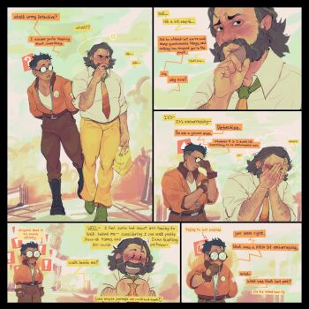 ! 2boys absurdres arm_hair beard black_hair bomber_jacket boots collared_shirt commentary covering_own_face disco_elysium english_commentary english_text facial_hair full_body glasses harry_du_bois highres jacket kim_kitsuragi male_focus multiple_boys mustache necktie nose_pinch orange_jacket shirt short_hair talking time_woods white_shirt