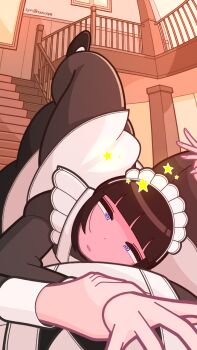 @_@ apron black_dress dazed dress fainted fainting frilled_apron frills grabbing_another&#039;s_arm highres indoors maid maid_apron maid_headdress original pov ryona star_(symbol) syn_(sxncope) triangle_choke twitter_username unconscious