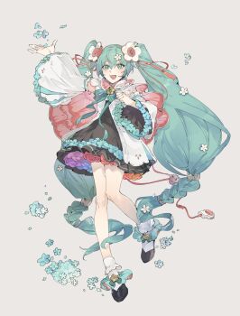 Rule 34 | 1girl, aqua eyes, aqua hair, arm up, black footwear, blue hair, braid, brooch, clenched hand, detached sleeves, dress, falling flower, flats, flower, flower brooch, flower trim, flower underskirt, frilled socks, frills, full body, hair between eyes, hair flower, hair ornament, hatsune miku, highres, long hair, looking at viewer, low twin braids, magical mirai (vocaloid), magical mirai miku, magical mirai miku (2021), open mouth, ribbon, simple background, skirt, smile, socks, solo, standing, standing on one leg, twin braids, twintails, very long hair, vocaloid, white background, white flower, white socks, wide sleeves, xing 20