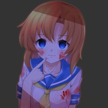 1girl blood blood_on_clothes blood_on_face blue_eyes blue_sailor_collar commentary_request finger_to_cheek grey_background highres higurashi_no_naku_koro_ni joniwi looking_at_viewer neckerchief orange_hair partial_commentary ryuuguu_rena sailor_collar school_uniform serafuku shirt short_sleeves simple_background solo white_shirt yellow_neckerchief