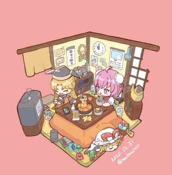 :d :o blonde_hair bowl calendar_(object) chibi choko_(cup) closed_mouth commentary cookie cup dated detached_sleeves double_bun dress eating food fruit green_skirt hair_between_eyes hair_bun hakurei_reimu hat hata_no_kokoro highres ibaraki_kasen indoors kirisame_marisa kotatsu long_hair long_sleeves mandarin_orange matara_okina medium_hair mob_cap molmaron noodles open_mouth orange_tabard parted_bangs parted_lips pink_background pink_eyes pink_hair red_tabard shirt short_sleeves skirt sleeping smile stuffed_animal stuffed_toy tabard table teapot tokkuri touhou twitter_username under_kotatsu under_table watching_television white_dress white_shirt yakumo_yukari