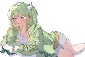 1girl blush breasts camisole chico_(yuzuha_riko) cleavage commentary double-parted_bangs elbow_rest foot_out_of_frame green_hair green_jacket grey_shorts hair_ornament hand_on_own_cheek hand_on_own_face hand_rest hand_up highres jacket korean_commentary large_breasts long_hair long_sleeves lying multicolored_hair on_side one_side_up open_clothes open_jacket parted_lips pom_pom_(clothes) pom_pom_hair_ornament purple_eyes short_shorts shorts simple_background solo stellive streaked_hair stuffed_animal stuffed_toy sweat virtual_youtuber white_background white_camisole yuzuha_riko zipgin_cofi