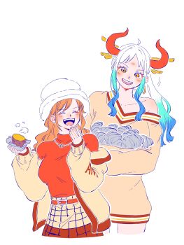 2girls blue_hair blush checkered_clothes checkered_skirt collarbone commentary_request cowboy_shot dress earrings food hair_ornament hat height_difference highres holding holding_food horns jacket jewelry long_hair looking_at_another multicolored_hair multiple_girls nami_(one_piece) necklace official_alternate_costume one_piece open_clothes open_jacket open_mouth orange_hair red_sweater rnolmol sidelocks single_bare_shoulder skirt smile sweater sweater_dress sweet_potato turtleneck turtleneck_sweater two-tone_hair v-neck wavy_hair white_background white_hair white_hat yamato_(one_piece)