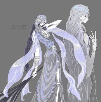 1girl absurdres armlet black_dress black_hair bow braid chain clothing_cutout dress elden_ring elden_ring_nightreign feet_out_of_frame from_behind from_side grey_background hand_up headdress highres holding holding_mace holding_weapon hood jewelry long_hair looking_at_viewer looking_back mace multiple_views neck_ring official_alternate_costume one_eye_covered pale_skin red_eyes scarf see-through_clothes signature solo standing tristanbrardart undertaker_(elden_ring) upper_body veil watermark weapon