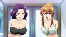 2025 2girls animated anime_screenshot arms_behind_back bare_shoulders bikini black_bikini bouncing_breasts breasts brown_eyes brown_hair cleavage collarbone front-tie_bikini_top front-tie_top grand_blue hamaoka_azusa highres kotegawa_nanaka large_breasts long_hair multiple_girls ponytail purple_hair short_hair smile sound strapless strapless_bikini swimsuit tagme video white_bikini