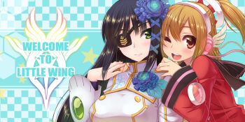 2girls :d :| aqua_background black_hair blonde_hair blue_ribbon blush checkered_background closed_mouth emilia_percival eyepatch flower hair_flower hair_ornament hair_ribbon hands_on_another&#039;s_shoulders headphones kekocha looking_at_another looking_at_viewer multiple_girls nagisa_(phantasy_star) one_eye_closed one_side_up open_mouth phantasy_star phantasy_star_portable_2 phantasy_star_portable_2_infinity portrait ribbon sidelocks smile