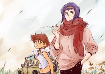 Rule 34 | 2girls, absurdres, cowboy bebop, edward wong hau pepelu tivrusky iv, faye valentine, green eyes, highres, multiple girls, purple hair, red hair, red scarf, scarf, short hair, tobalin, yellow eyes