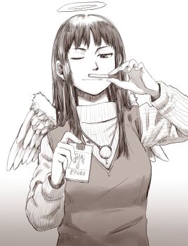 1girl angel_wings cigarette cigarette_pack commentary_request gradient_background haibane_renmei halo highres holding holding_cigarette holding_cigarette_pack long_hair long_sleeves monochrome naotan one_eye_closed reki_(haibane_renmei) smile solo sweater turtleneck turtleneck_sweater vest wings