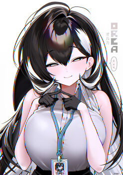 ... 1girl absurdres arms_up artist_name bare_shoulders black_gloves black_hair blush breasts closed_mouth collared_shirt commentary_request gloves hair_between_eyes haze_(7h4ze) highres id_card lanyard large_breasts light_smile long_hair looking_at_viewer multicolored_hair office_lady orca_girl original shirt simple_background sleeveless sleeveless_shirt two-tone_hair upper_body white_background white_eyes white_hair white_shirt white_streaks