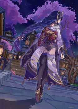 1girl absurdres architecture artist_name ass back_bow black_bridal_gauntlets black_panties black_thighhighs bow braid bridal_gauntlets commentary_request dated dutch_angle east_asian_architecture fan_hair_ornament flower from_behind full_body genshin_impact gold_trim highres japanese_clothes kimono long_hair long_sleeves low-braided_long_hair low-tied_long_hair nero_augustus night outdoors over-kneehighs panties purple_eyes purple_flower purple_hair purple_kimono pussy_juice raiden_shogun red_bow remote_control_vibrator sex_toy solo thighhighs tree underwear variant_set very_long_hair vibrator vibrator_under_clothes walking walking_away wide_sleeves x-ray