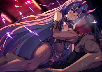 1boy 1girl bare_shoulders black_pantyhose black_shirt breasts censored china_dress chinese_clothes cleavage clothed_sex covered_navel dark-skinned_male dark_skin dress elbow_gloves glasses gloves hair_ornament hetero honkai_(series) honkai_impact_3rd horns interracial lao_meng large_breasts long_hair mosaic_censoring nipples pantyhose penis purple_dress purple_eyes purple_gloves purple_hair raiden_mei raiden_mei_(herrscher_of_thunder) raiden_mei_(rainy_springtide) sex shirt sleeveless sleeveless_shirt smile torn_clothes torn_pantyhose vaginal very_long_hair