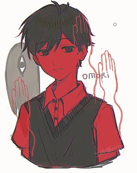 1boy alternate_skin_color antenna_hair arms_at_sides black_eyes black_hair black_sweater_vest chinese_commentary chromatic_aberration closed_mouth colored_skin commentary_request copyright_name cropped_torso deyunnuhai578 empty_eyes hair_behind_ear hair_between_eyes half-closed_eyes highres light_frown looking_at_viewer male_focus omori red_shirt red_skin shirt short_hair short_sleeves simple_background solo something_(omori) sunny_(omori) sweater_vest swept_bangs very_short_hair white_background