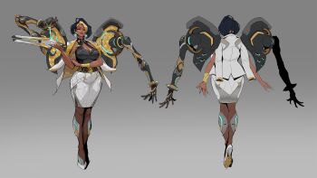 Rule 34 | 1girl, belt, black hair, black shirt, blazer, blonde hair, blonde streaks, blue nails, bracelet, breasts, brown pantyhose, collar, colored bangs, commentary, curvy, dark-skinned female, dark skin, domina (overwatch), earrings, english commentary, extra arms, eyeshadow, full body, gold bracelet, high heels, highres, jacket, jacket on shoulders, jewelry, large breasts, makeup, mature female, mechanical arms, medium skirt, multiple views, narrow waist, overwatch, pantyhose, pencil skirt, pink eyeshadow, red lips, reference sheet, shirt, shoes, short hair, skirt, sleeveless, sleeveless shirt, white jacket, white shoes, white skirt, wide hips