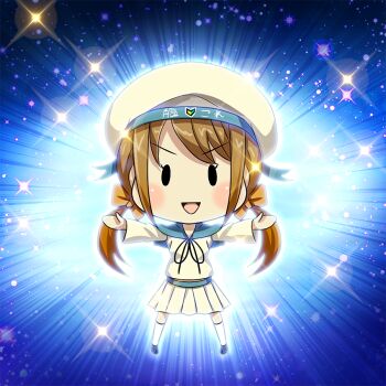 Rule 34 | blonde hair, blush, chibi, error musume, full body, glowing, hat, kantai collection, kneehighs, legs apart, long sleeves, open mouth, outstretched arms, pigeon-toed, pleated skirt, sailor collar, sailor hat, school uniform, serafuku, skirt, smile, socks, solid oval eyes, solo, sparkle, spread arms, standing, tk8d32, twintails
